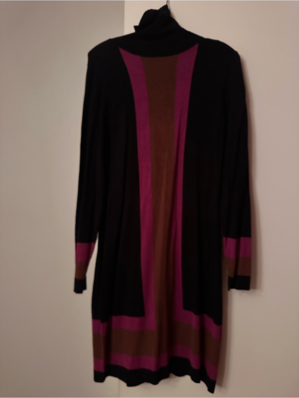 Black Turtleneck Colorblock Sweater Dress with Magenta and Brown Accents